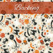 Swatch of cream fabric with a tossed pattern of various Halloween motifs, like black cats, candles, orange pumpkins, ghosts, and trees. A dark orange banner at the top reads 