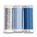 Three spools of thread, one silver Holoshimmer and two blue, isolated on a white background.