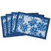 The four completed self binding placemats, overlapping and fanned out, colored in wintry blue and white prints from the Holiday Flourish Festive Finery collection, isolated on a white background.