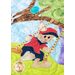 Close-up of tan bunny with red baseball cap on a wooden swing.
