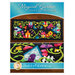 Bright wool applique table runner featuring a neighborhood of houses entangled with flowering vines.