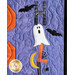 Purple Halloween themed wall hanging featuring pumpkins, bats, and ghosts and wording.