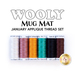 Wooly Mug Mat January Applique Thread Set featuring six spools of thread in various colors arranged horizontally.