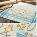 Photo collage of images of a vintage style dish towel with hand embroidered floral motifs with bunnies and the words 