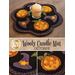A collage showing the October wool candle mat with pumpkins and witch hats