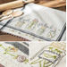 Photo collage of images of a vintage style dish towel with hand embroidered mason jars holding flowers and the words 