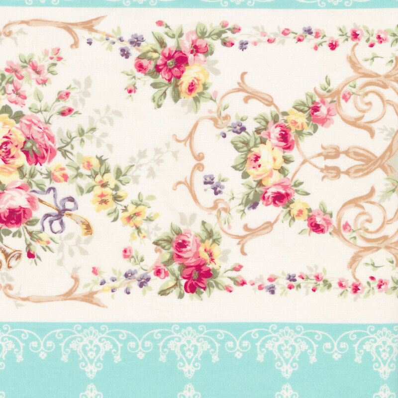 Blue and cream striped fabric with swirls, scrolls, and elegant floral bundles