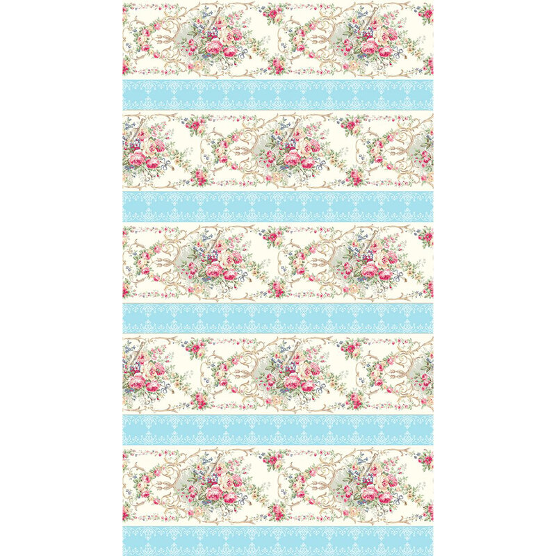 Full image repeat of a blue and cream striped fabric with swirls, scrolls, and elegant floral bundles