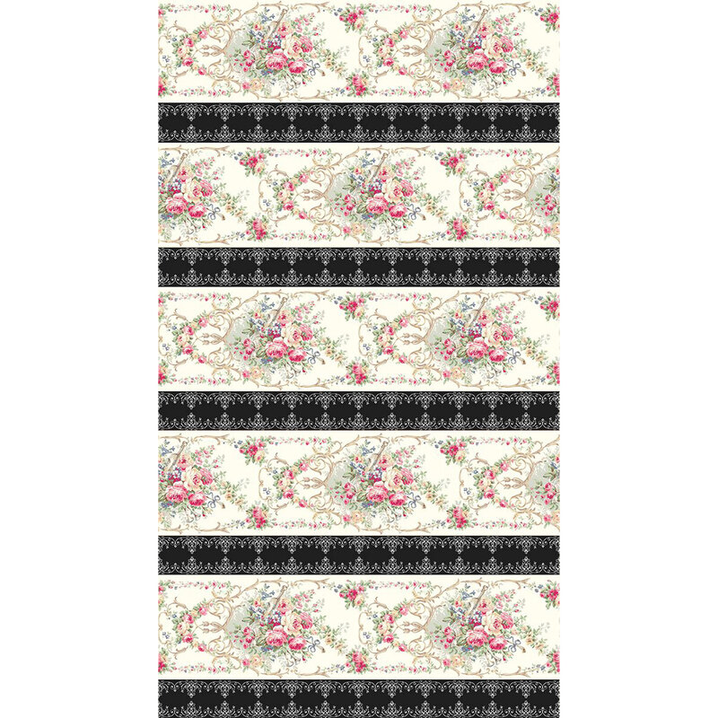 Full image repeat of a black and cream striped fabric with swirls, scrolls, and elegant floral bundles