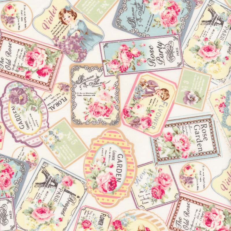 Tossed elegant stamps on a cream background