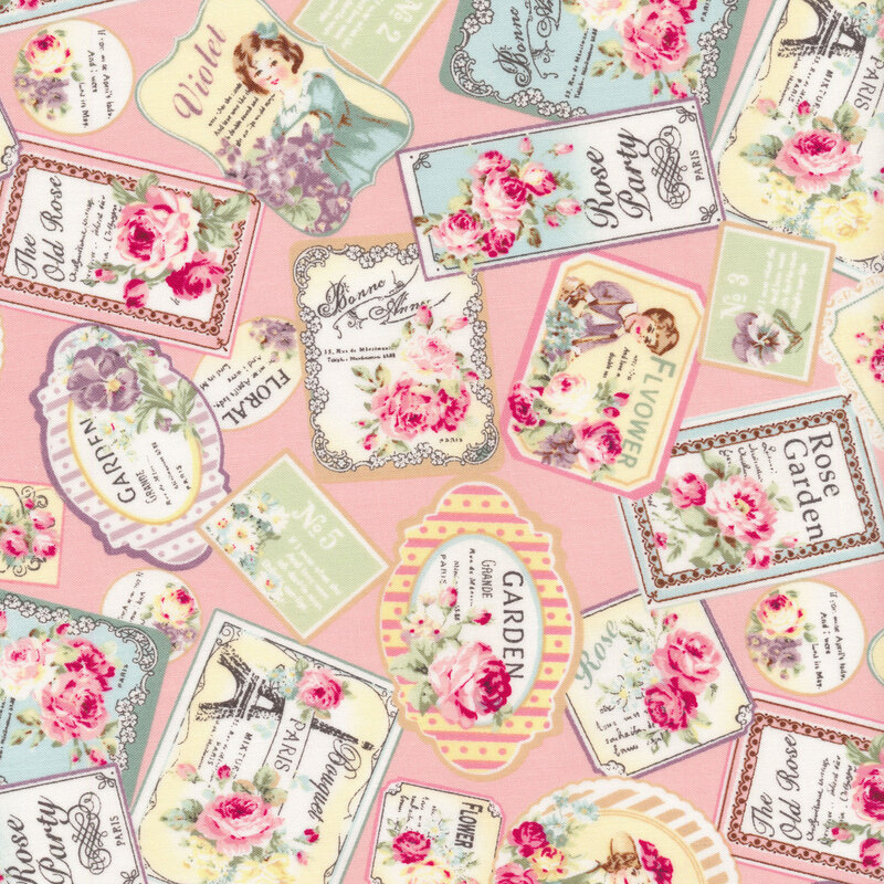 Tossed elegant stamps on a pink background