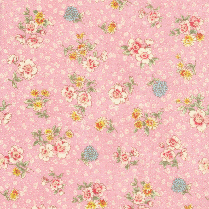 Tossed flowers on a swirled pink background