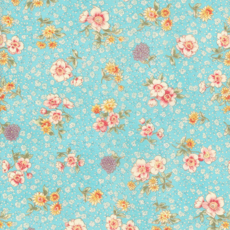 Tossed flowers on a blue background with flower petals all over