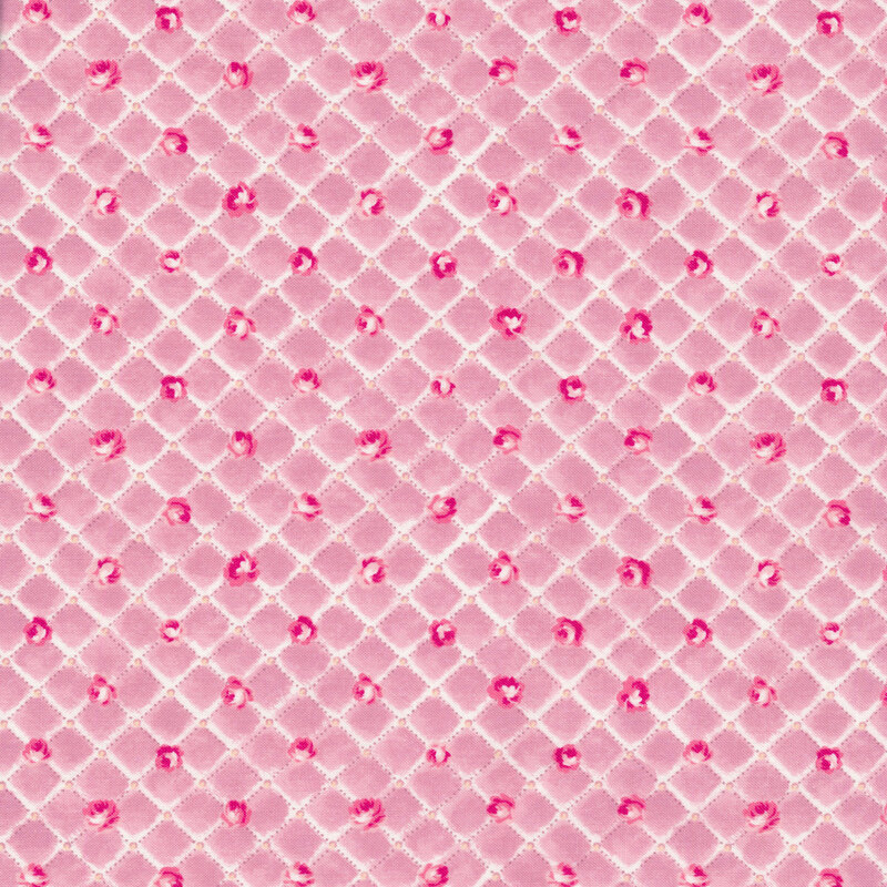 Lattice pattern with small pink flowers on a purple background