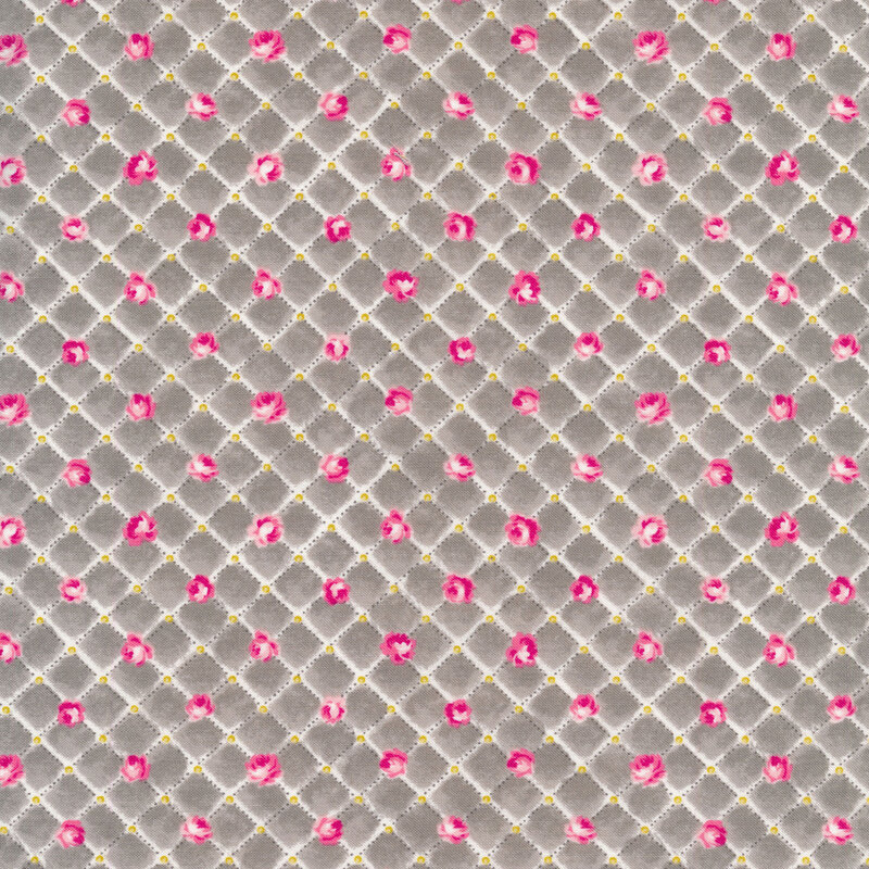 Lattice pattern with small pink flowers on a slate gray background