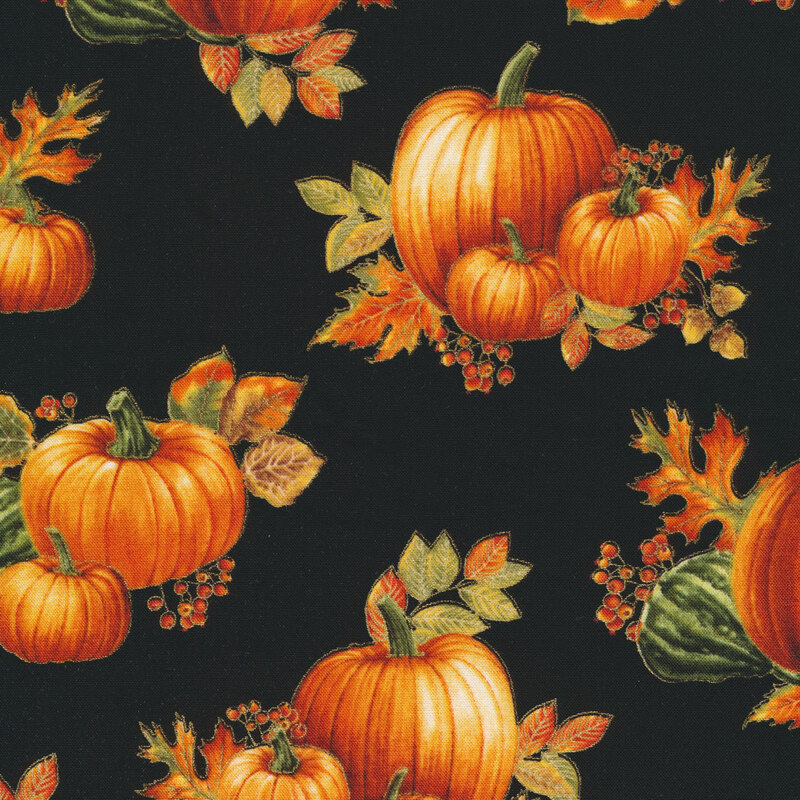 Fabric features orange pumpkins with metallic accents on a black | Shabby Fabrics