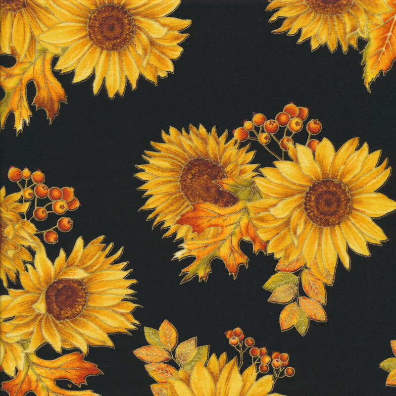 Fabric features sunflowers with metallic accents on black | Shabby Fabrics
