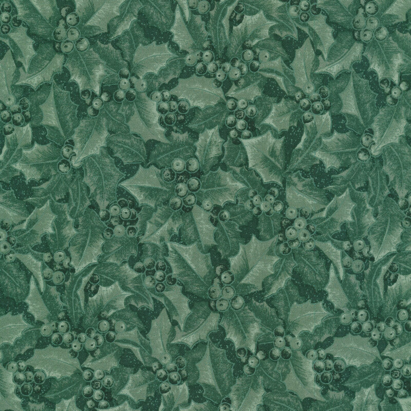Medium green tonal fabric with holly and berries all over