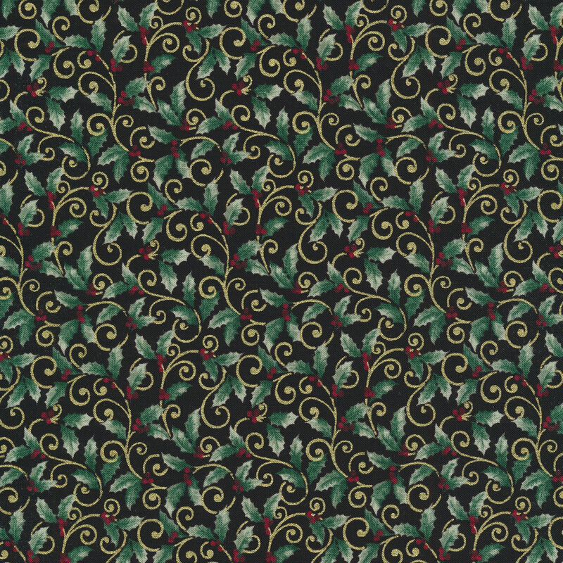 Metallic gold swirls and green holly with berries on a black background