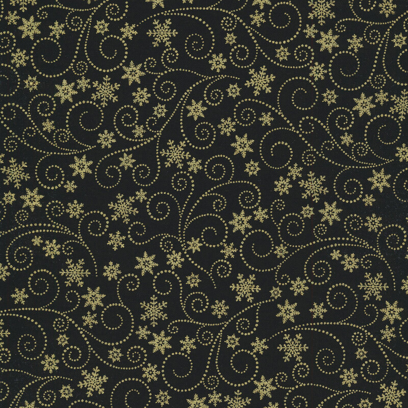 Metallic gold swirls and snowflakes on a black background