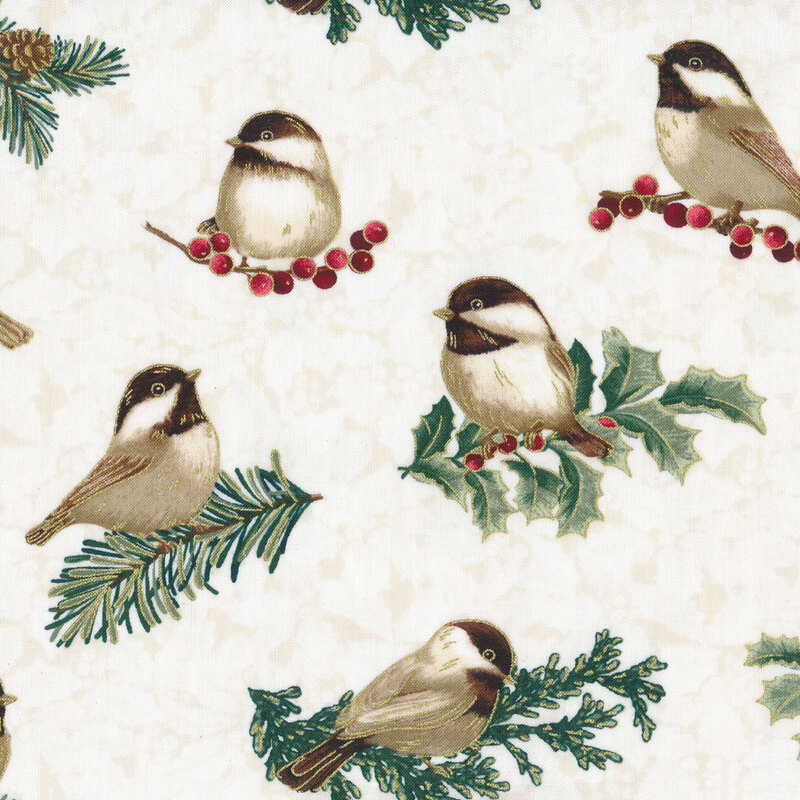 Chickadees and holly on a tan mottled background