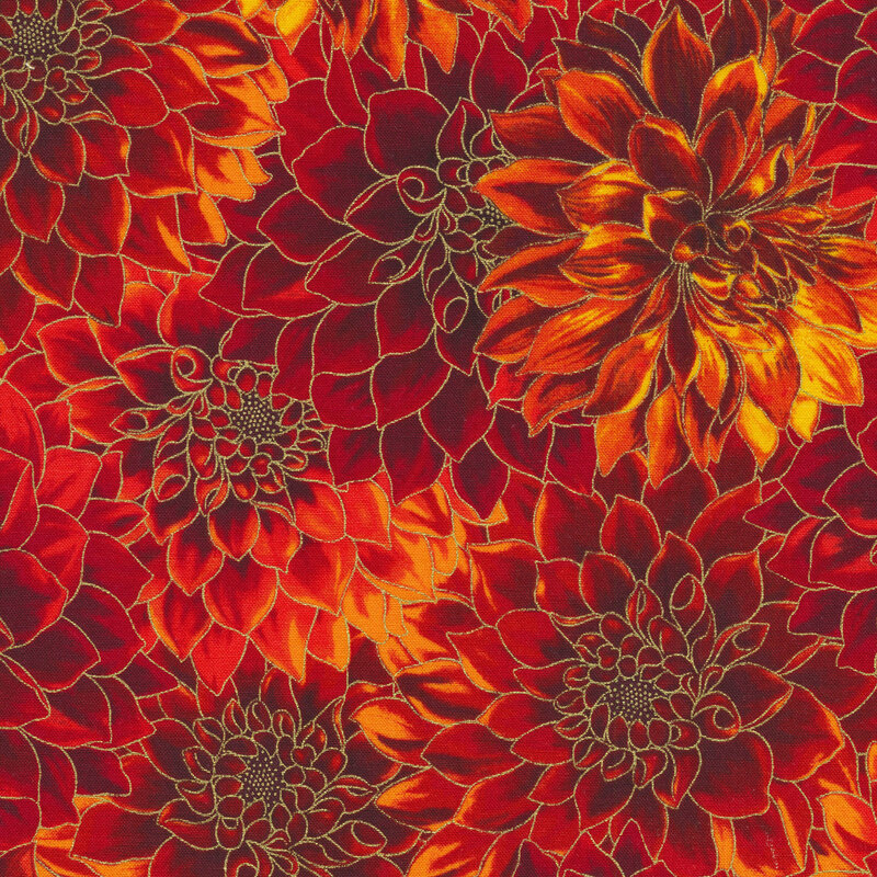 Fabric features orange red floral allover with metallic accents | Shabby Fabrics