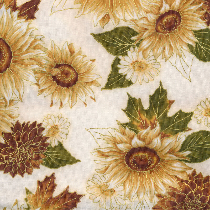 Fabric features cream tan brown floral sunflowers with metallic accents on cream | Shabby Fabrics