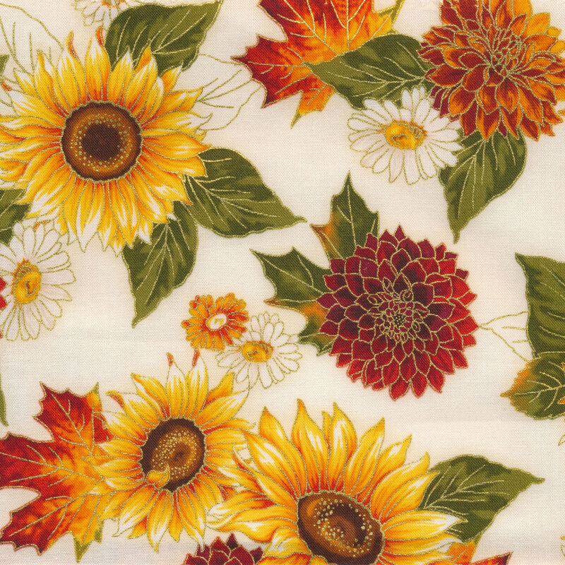 Fabric features yellow orange red floral sunflowers with metallic accents on cream | Shabby Fabrics
