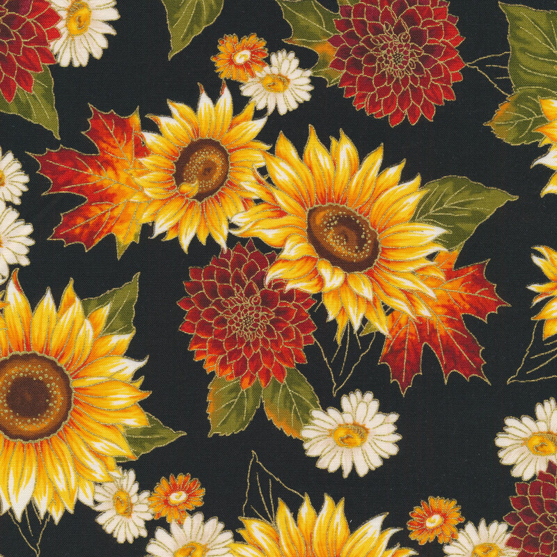 Fabric features yellow orange red floral sunflowers with metallic accents on black | Shabby Fabrics