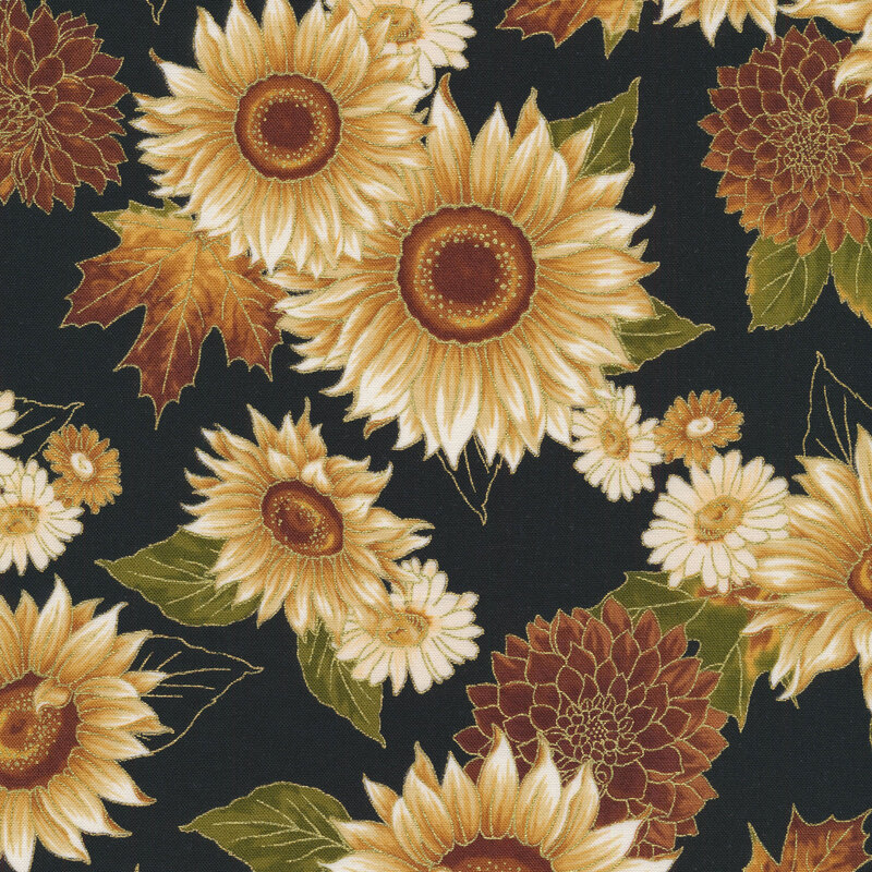 Fabric features tan brown cream floral sunflowers with metallic accents on black | Shabby Fabrics