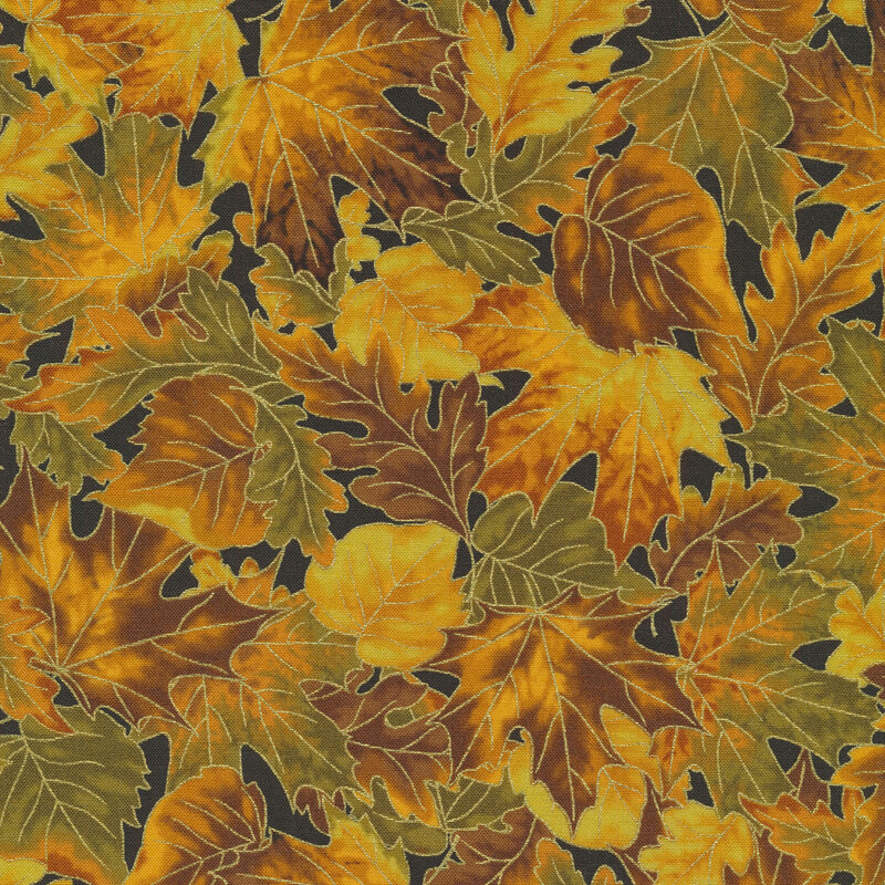 Fabric features brown yellow leaves with metallic accents on black | Shabby Fabrics