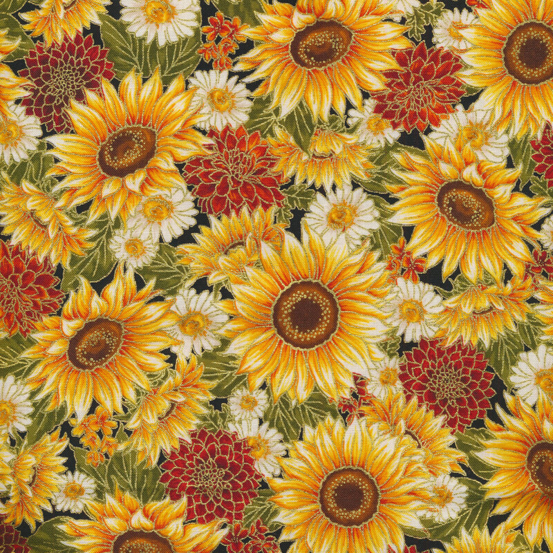 Sunflowers daisies and florals with metallic accents allover design on black fabric | Shabby Fabrics
