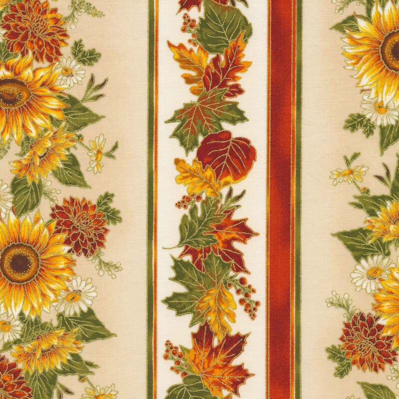 Fabric features fall sunflower and leaves border stripes with metallic accents | Shabby Fabrics