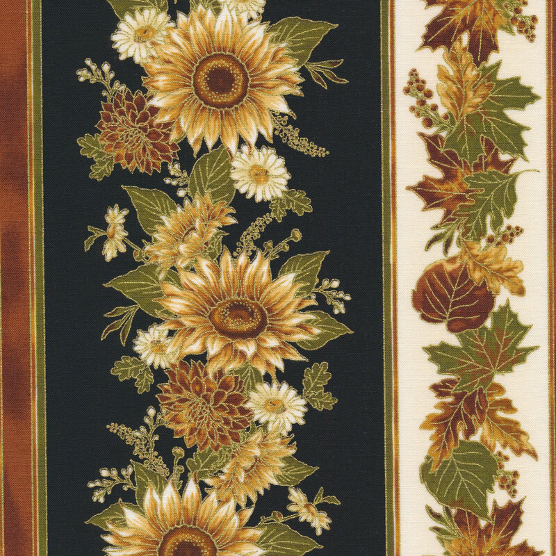 Fabric features tan sunflower and leaves border stripes with metallic accents | Shabby Fabrics