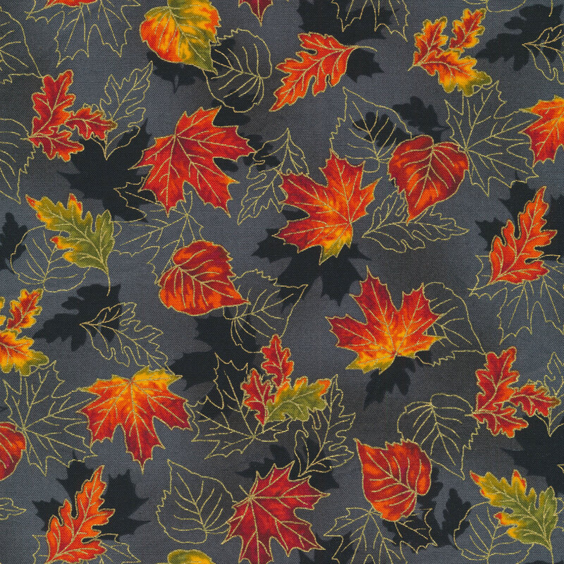 Fabric features tossed red yellow orange leaves with metallic accents on gray | Shabby Fabrics