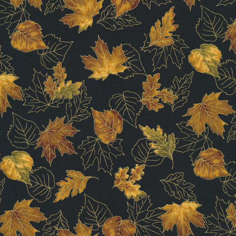 Fabric features tossed brown tan leaves with metallic accents on black | Shabby Fabrics