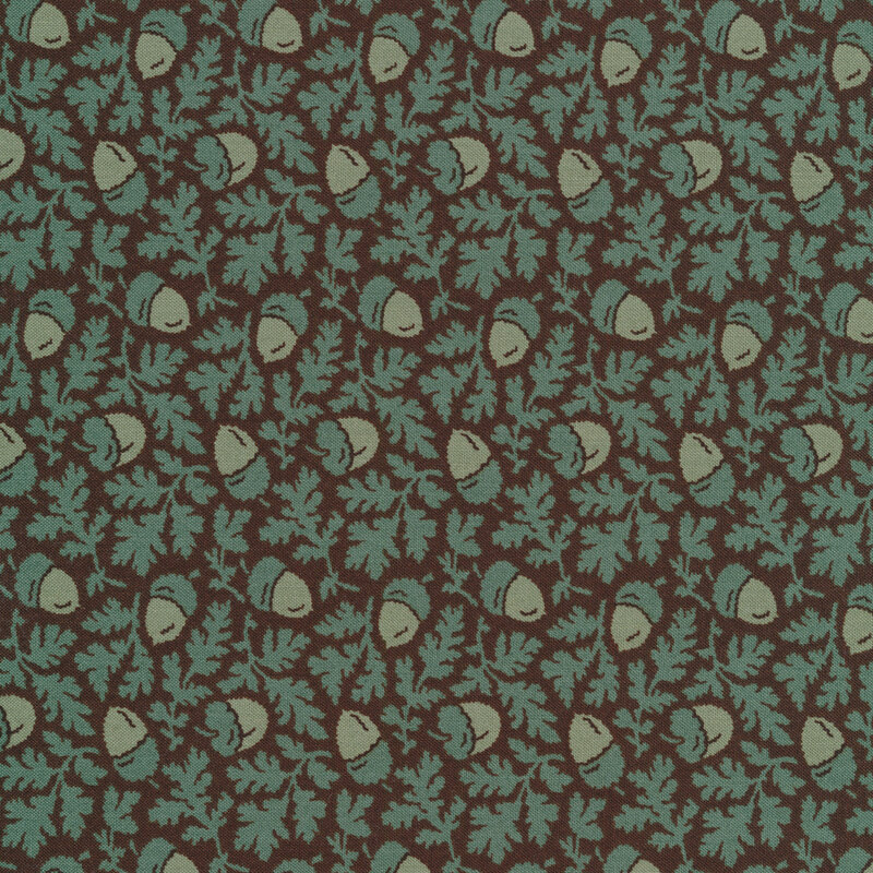Fabric features tonal teal acorns and leaves tossed on a chocolate background | Shabby Fabrics