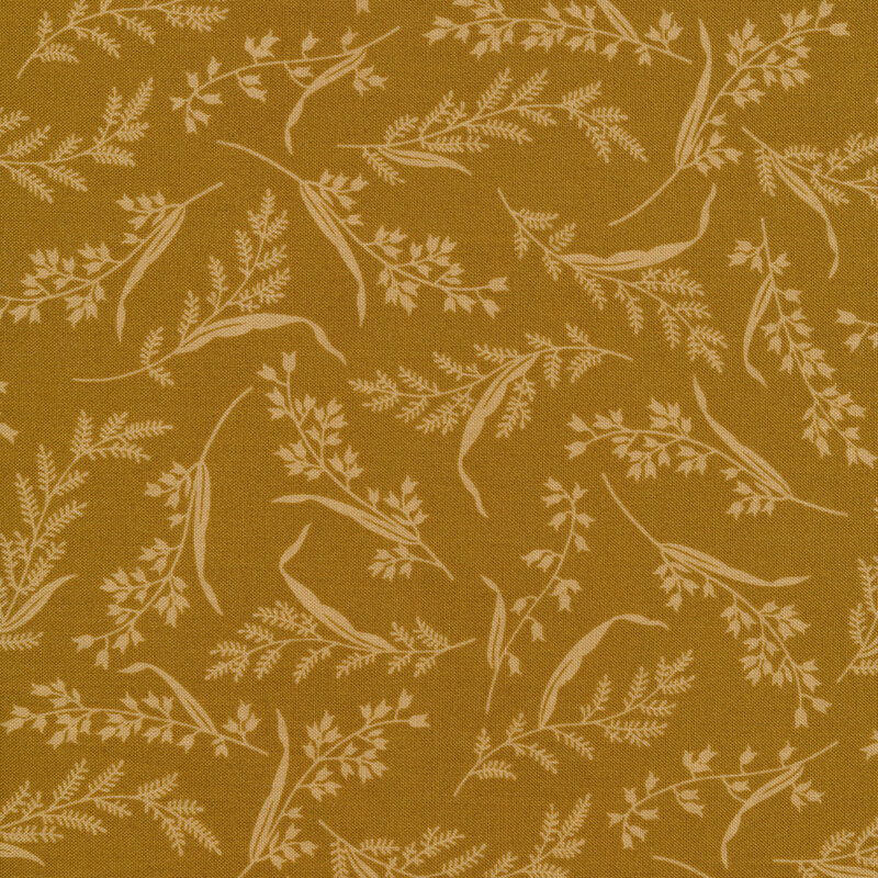 Fabric features tonal yellow ochre tossed wheatgrass design | Shabby Fabrics