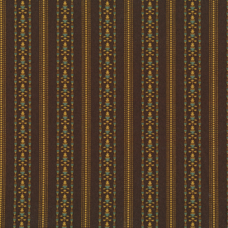Fabric features delicate yellow and teal stripes on chocolate background | Shabby Fabrics