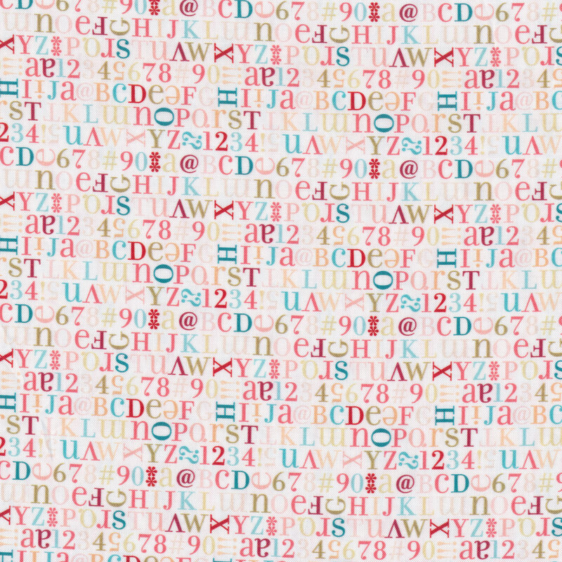 Multicolor letters and numbers all over white | Shabby Fabrics