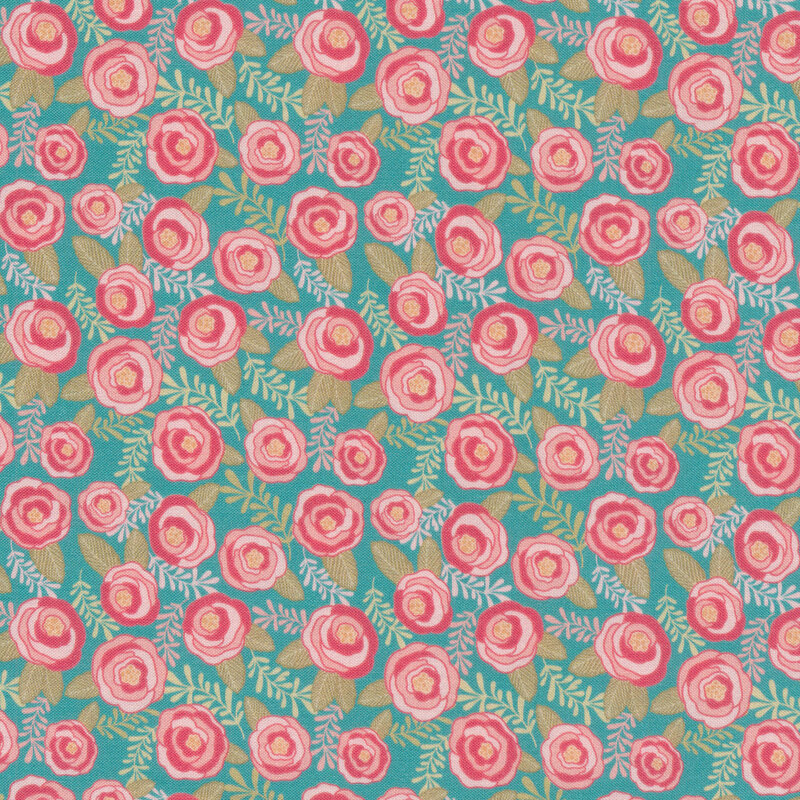 Pink flowers and green leaves all over blue | Shabby Fabrics