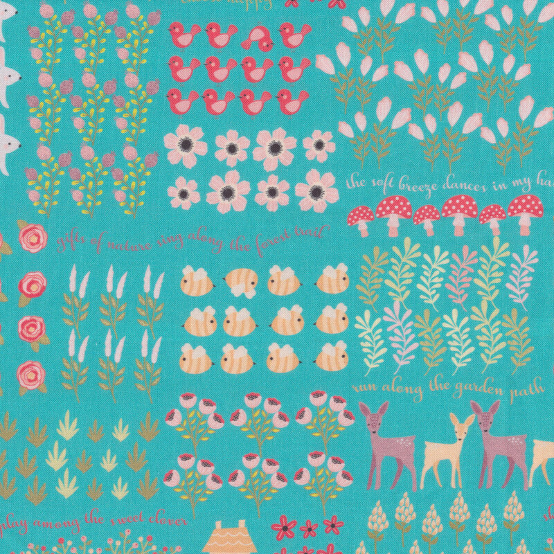 flowers, rabbits, deer, and bess all over blue | Shabby Fabrics