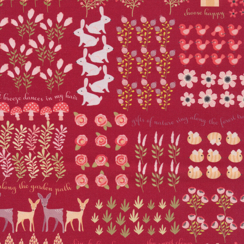 flowers, rabbits, deer, and bess all over red | Shabby Fabrics