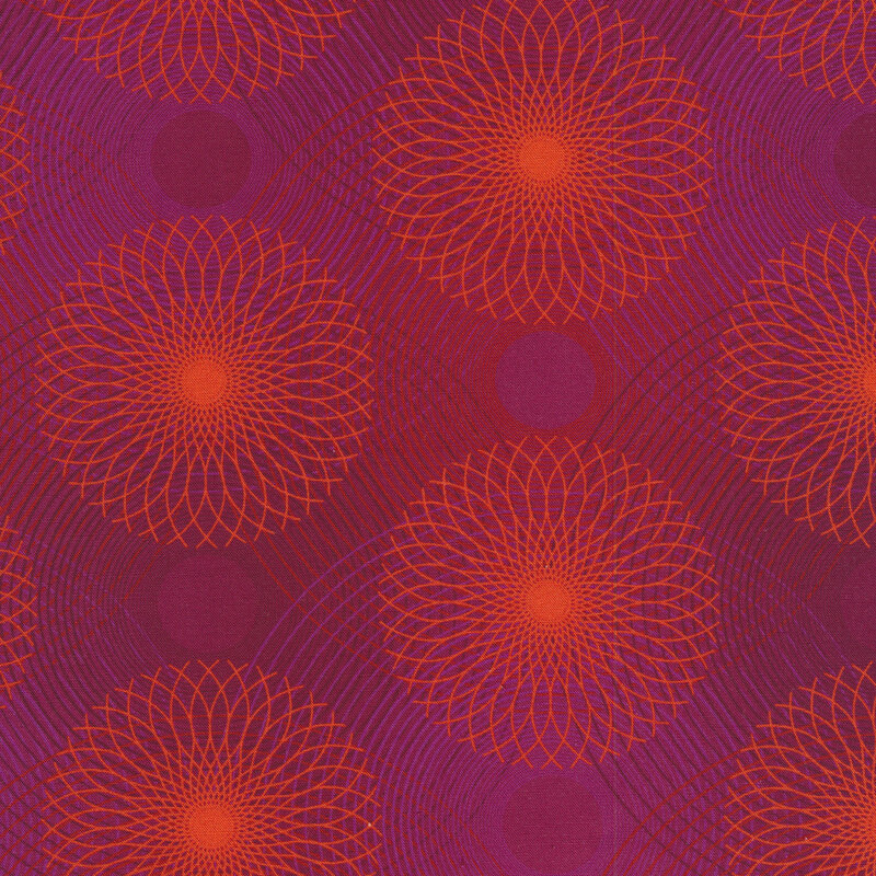 Purple fabric with bright orange rings and wavy lines all over