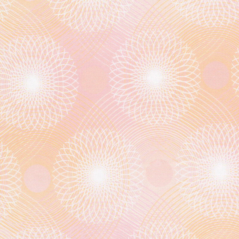Light pink colored fabric with white rings and wavy lines all over