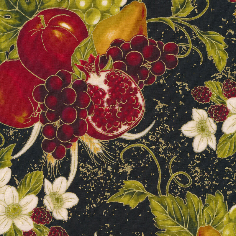 Fabric features fruit and flower bunches with metallic accents on black | Shabby Fabrics