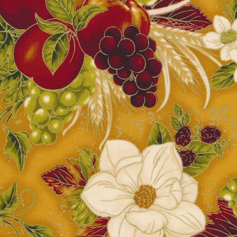 Fabric features fruit and flower bunches with metallic accents on yellow | Shabby Fabrics