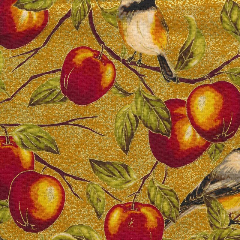 Fabric features birds red apples and branches with metallic accents on yellow | Shabby Fabrics