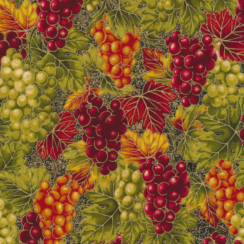 Fabric features clusters of grapes and fall leaves with metallic accents on black | Shabby Fabrics
