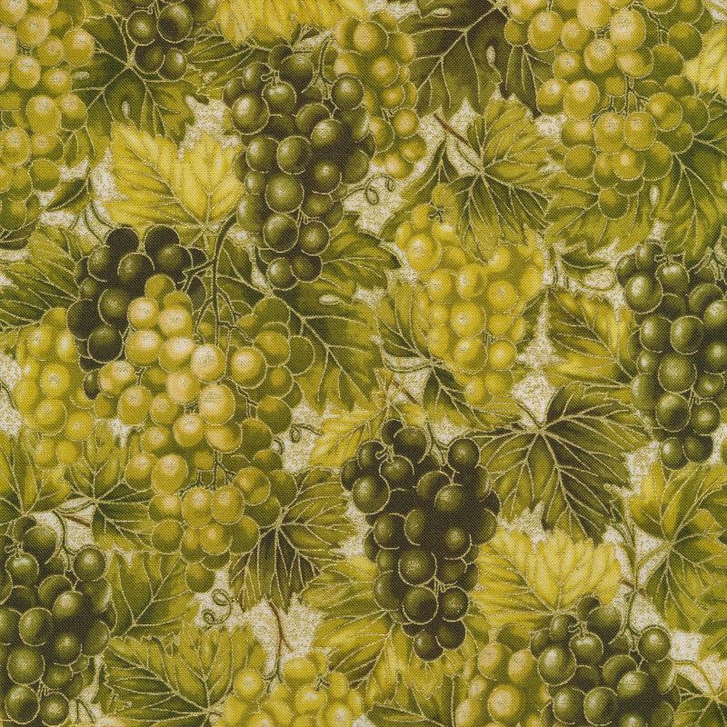 Fabric features clusters of green grapes and leaves with metallic accents on cream | Shabby Fabrics